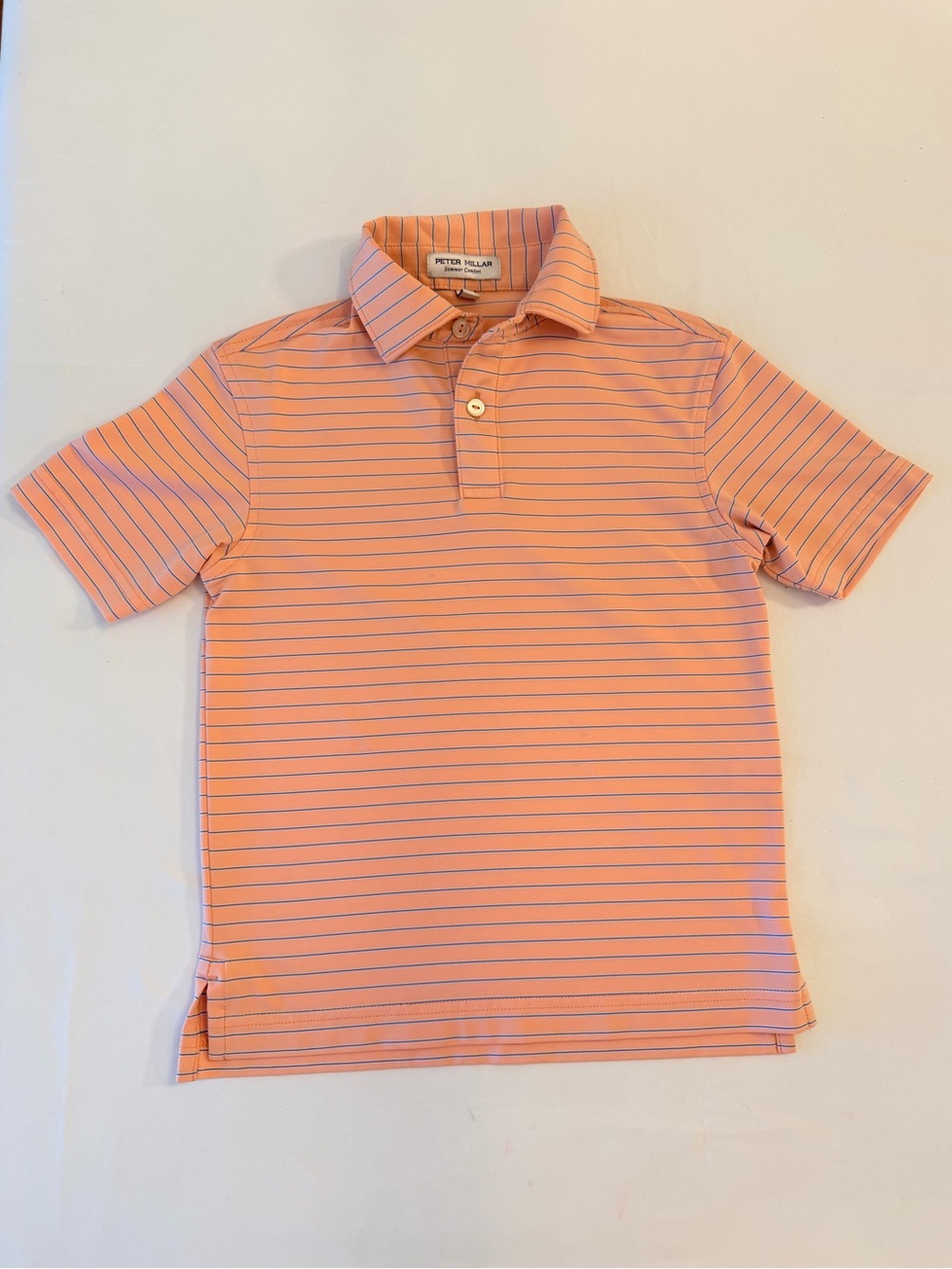 Peter Millar Youth Performance Jersey Peach Polo with Blue & White Stripes SZ XS